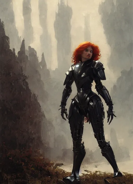 Image similar to short muscular redhead young woman wearing black lowpoly armour, bare legs, detailed, by gaston bussiere, bayard wu, greg rutkowski, giger, maxim verehin, greg rutkowski, masterpiece, sharp focus, cinematic lightning