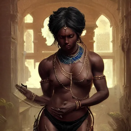 Prompt: full body painting of a black muscular south indian woman, sari, ultra realistic, concept art, intricate details, eerie, horror, highly detailed, photorealistic, octane render, 8 k, unreal engine. art by artgerm and greg rutkowski and alphonse mucha