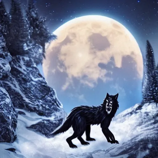 Prompt: werewolf transforming on top of a mountain in the moonlight