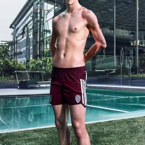 Image similar to a realistic detailed photo of a guy who is an attractive humanoid who is half robot and half humanoid, who is a male android, soccer player declan rice, shiny skin, posing like a statue, blank stare, by the pool, on display