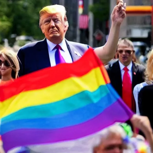 Image similar to photograph of donald trump wearing a trans flag suit at a pride parade