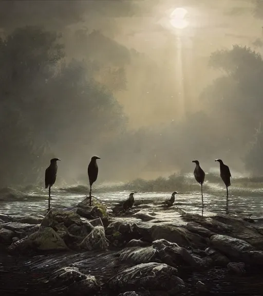 Image similar to three crows in a little boat in a swamp, volumetric lighting, majestic light, octane render, ethereal glare of the sun, hyperrealistic, epic, masterpiece, by greg rutkowski