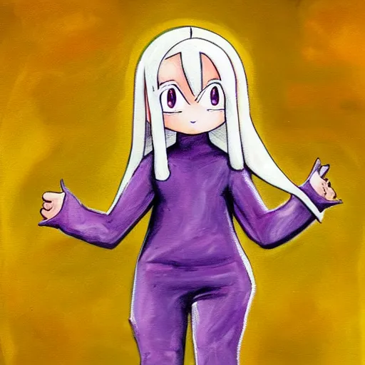 Image similar to little boy wearing nun outfit, blonde hair. purple and yellow color palate, detailed soft painting, made in abyss art style, anatomically correct