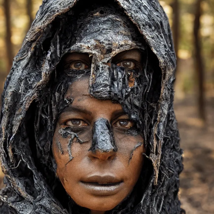 Prompt: closeup portrait of a woman wearing a cloak made of scrap metal in a charred, burnt forest, by Annie Leibovitz and Steve McCurry, natural light, detailed face, CANON Eos C300, ƒ1.8, 35mm, 8K, medium-format print