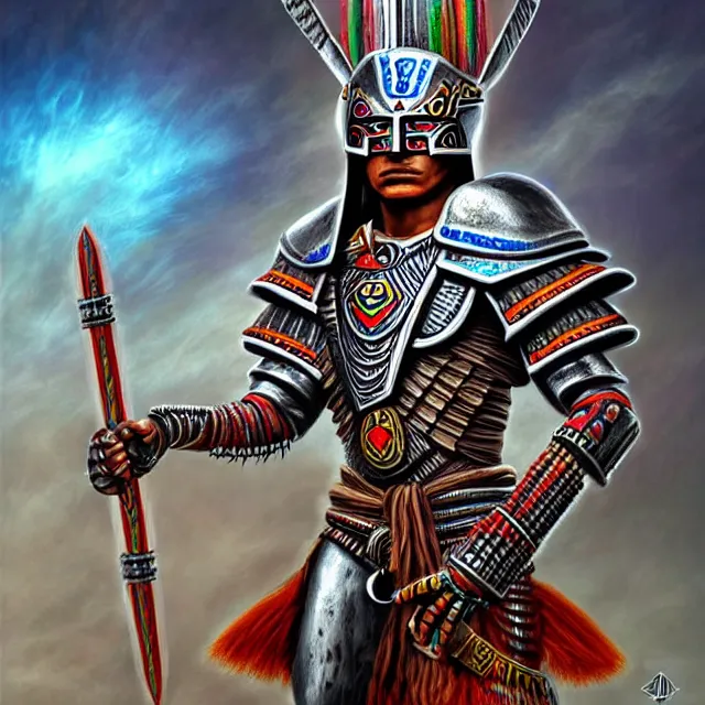 Image similar to futuristic aztec warrior, highly detailed, 4 k, hdr, smooth, sharp focus, high resolution, award - winning photo, illustrated by anne stokes, photorealistic