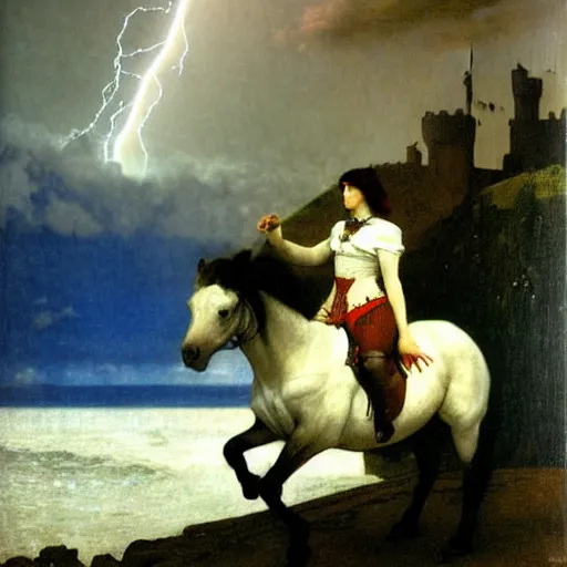 Image similar to Magician riding a horse leaving the castle through the bridge, thunderstorm, beach ocean on the background major arcana sky, by paul delaroche, alphonse mucha and arnold böcklin arnold böcklin hyperrealistic 8k, very detailed