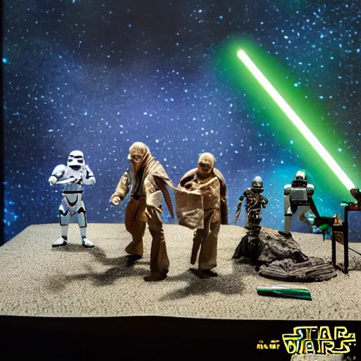 Prompt: a detailed photo of a diorama with star wars toys, macro photography, zoom, model trees, table, studio lighting