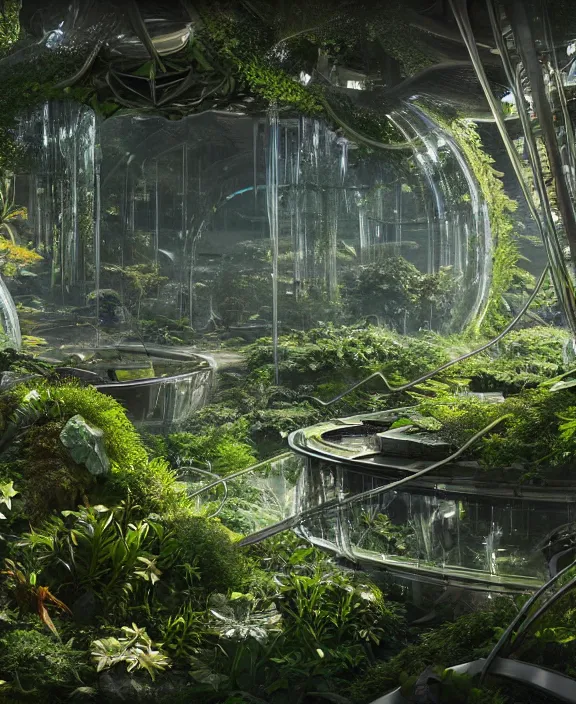 Image similar to intricate transparent clear see - through image of forge, lush botany, futuristic environment, ultra realistic, concept art, psychedelic, photorealistic, octane render, 8 k, unreal engine. art by nori inoguchi and sam kaplan and zachary goulko and christopher marley