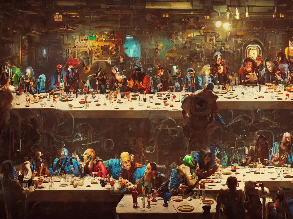 Image similar to the last supper with punks, criminals and robots in a painting from stalenhag, 4 k, 8 k, hdr, artstation, concept art