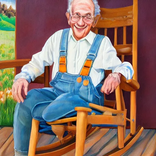 Image similar to a painting of grandpa yocheved wearing overalls on a rocking chair, telling stories, cute and wonderful vivid painting