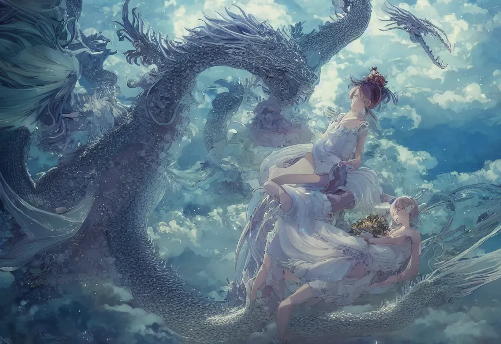 Image similar to the beautiful hyper detailed scene render that a lonely single beautiful girl lies in the arms of a huge silver dragon alone in the fairyland surrounded by white clouds, in the style of makoto shinkai victo ngai and peter mohrbacher studio ghibli artgerm karol bak beeple, cinematic, absolutely beautiful, ultra wide angle, animation style, 8 k hd