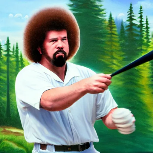 Image similar to a closeup photorealistic photograph of bob ross painting an image of kenny powers pitching a baseball on a canvas. mountains and trees. film still. brightly lit scene. this 4 k hd image is trending on artstation, featured on behance, well - rendered, extra crisp, features intricate detail, epic composition and the style of unreal engine.