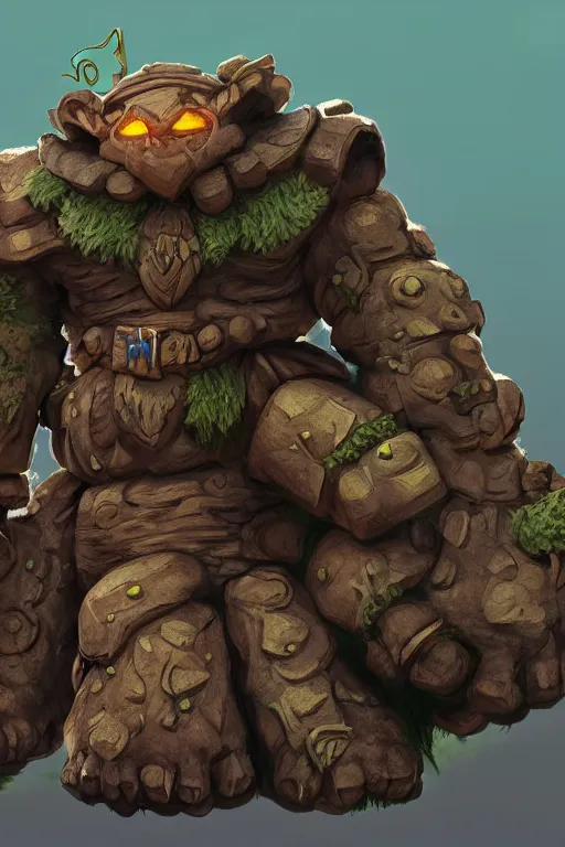 Image similar to zelda fantasy art giant golem troll wood rock greeble gemstone, global illumination ray tracing hdr fanart arstation by sung choi and eric pfeiffer and gabriel garza and casper konefal