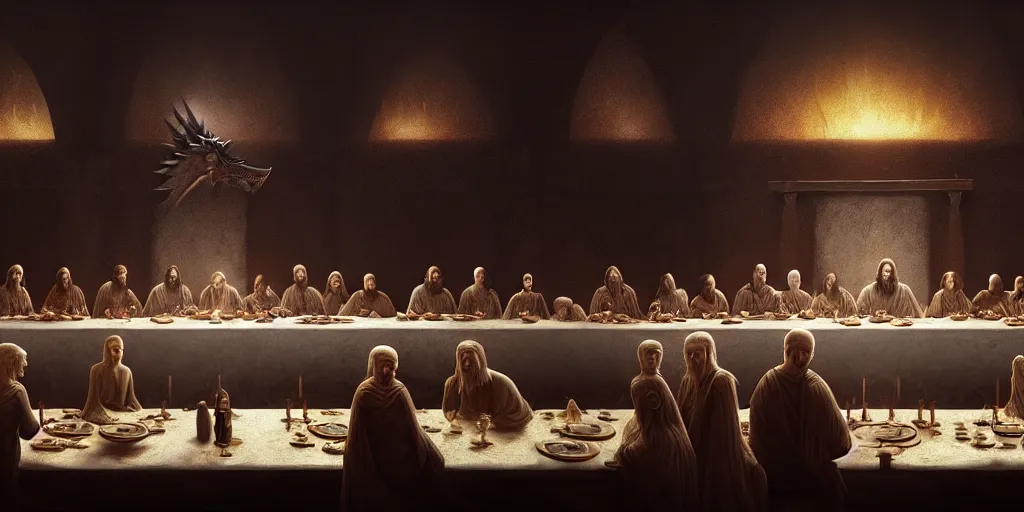 Prompt: game of thrones last supper by beeple and greg rutkowski, digital painting, trending on artstation, sharp focus, 4 k