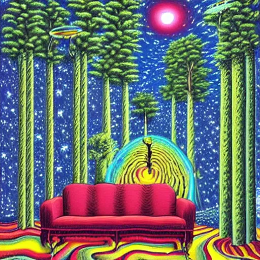 Prompt: psychedelic trippy couch spruce forest, planets, milky way, sofa, cartoon by rob gonsalves