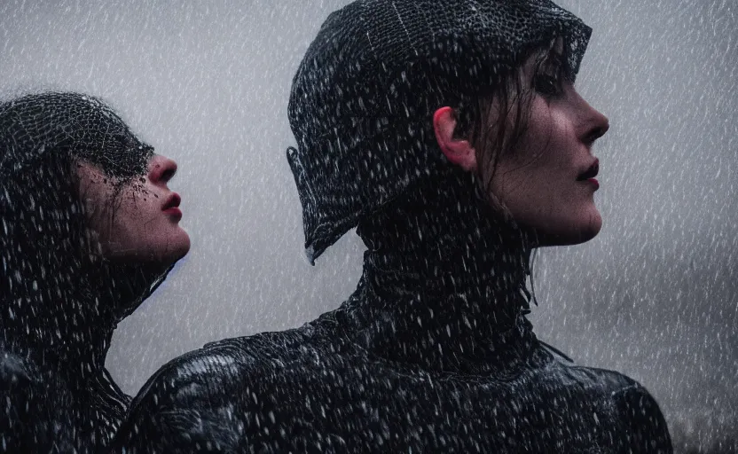 Image similar to cinestill 5 0 d candid photographic portrait by christopher nolan of two loving female androids wearing rugged black mesh techwear in treacherous waters, extreme closeup, modern cyberpunk moody emotional cinematic, pouring rain, 8 k, hd, high resolution, 3 5 mm, f / 3 2, ultra realistic faces, ex machina