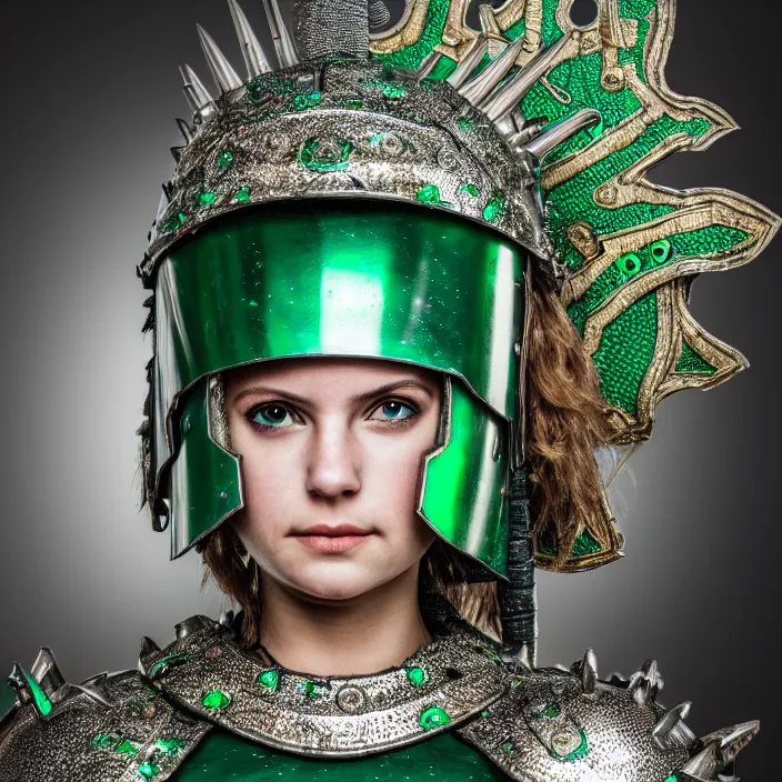 Image similar to photo of a cute beautiful warrior queen wearing emerald encrusted armour, highly detailed, 4 k, hdr, smooth, sharp focus, high resolution, award - winning photo