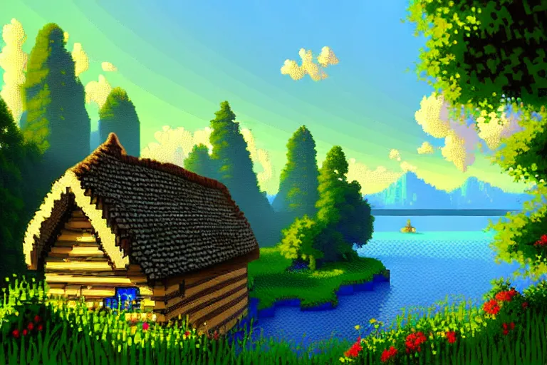 Image similar to view of a cottage above an azure lake, beautiful detailed pixelart by albertov, intricate details, smooth gradients, beautiful, volumetric lighting, cgsociety, artstation