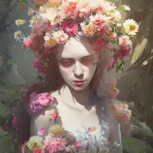 Image similar to painting of a pale girl dressed with flowers, illustration, artistic, colorful, hyper detailed, in the style of Greg Rutkowski,