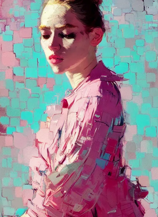 Image similar to portrait of a beautiful girl, eyes closed, open mouth, shades of pink, beautiful face, rule of thirds, intricate outfit, spotlight, by greg rutkowski, by jeremy mann, by francoise nielly, by van gogh, digital painting