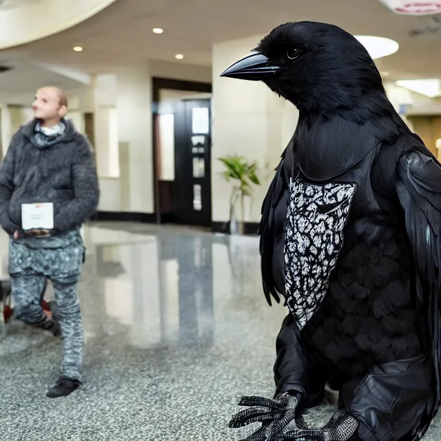 Image similar to a person wearing a fursuit of a crow fursona, fursona, furry convention, hotel lobby, indoors, photograph, furry fandom, photorealistic,