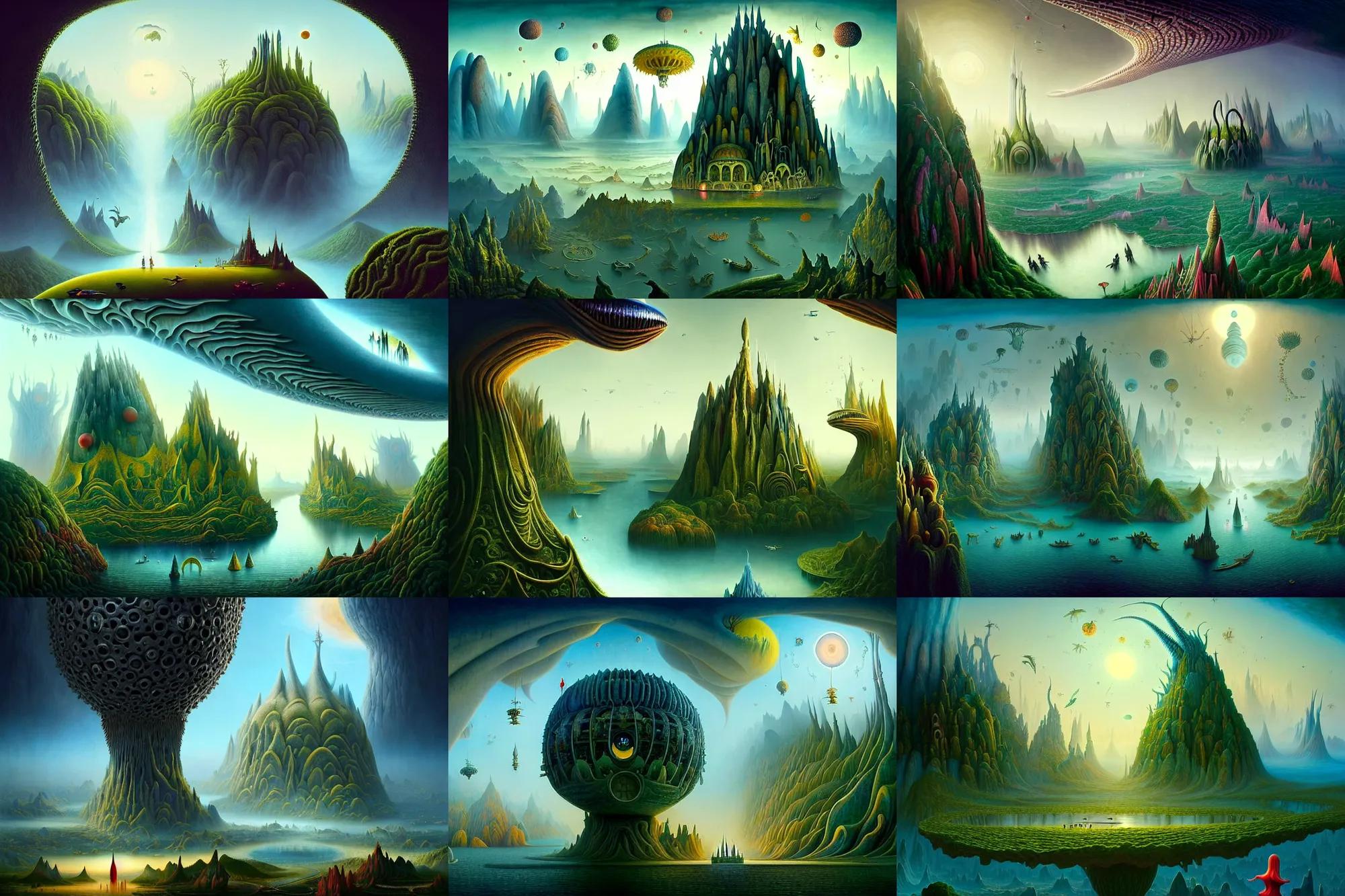 Prompt: a beguiling epic stunning beautiful and insanely detailed matte painting of alien dream worlds with surreal architecture designed by Heironymous Bosch, mega structures inspired by Heironymous Bosch's Garden of Earthly Delights, vast surreal landscape and horizon by Asher Durand and Cyril Rolando and Andrew Ferez and James Gurney, masterpiece!!!, grand!, imaginative!!!, whimsical!!, epic scale, intricate details, sense of awe, elite, wonder, insanely complex, masterful composition!!!, sharp focus, fantasy realism, dramatic lighting