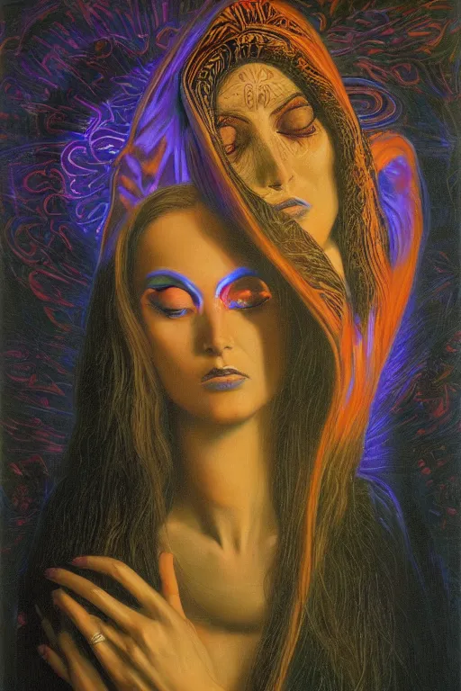 Prompt: gorgeous robed cult girl performing realism third eye ritual, dark theme night time, expanding electric energy waves into the ethereal realm, epic surrealism 8k oil painting, portrait, perspective, high definition, post modernist layering, by Ernst Fuchs, Gerald Brom