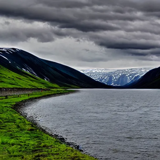 Image similar to a fjord in kazakhstan with a large satanic damn at the end of it. grainy, surreal, overcast sky.