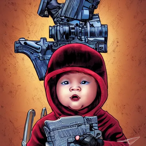 Prompt: A baby Cherub angel, wearing a ski mask, holding an ak47, marvel comics, dark, intricate, highly detailed, smooth, artstation, digital illustration by Mark Bagley and Adam Kubert