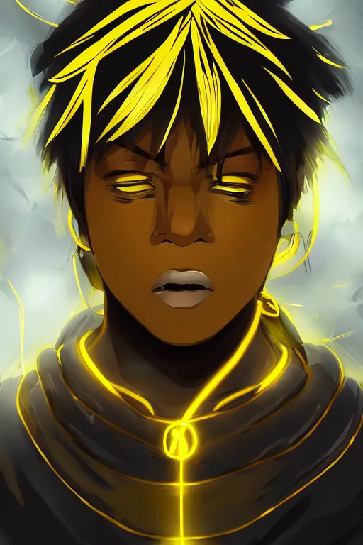 Image similar to glowing black male anime character, golden hair, yellow eyes, symmetrical, face picture, portrait, highly detailed, digital art, sharp focus, trending on art station, samurai, electricity superpowers, anime art style