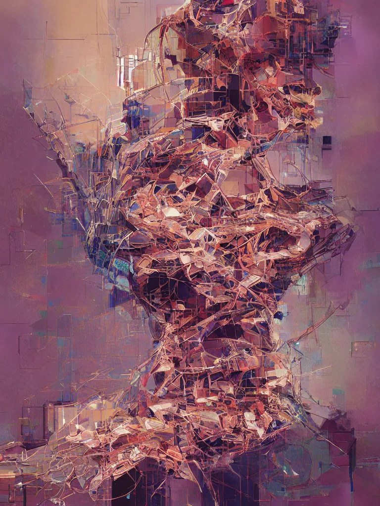 Image similar to a beautiful glitched geometric painting by robert proch and emilio pettoruti of an anatomy structure study of the human nervous system on top of rectangle shapes, color bleeding, pixel sorting, copper oxide and rust materials, brushstrokes by jeremy mann, dramatic lighting, pastel purple background