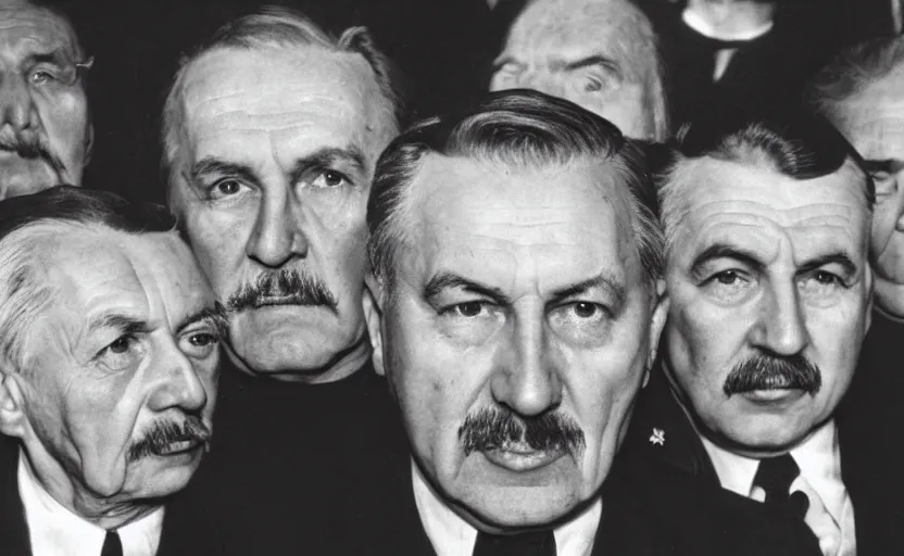 Image similar to 50s movie still close-up portrait of three individual elder soviet marshal with very detailed faces in a stalinist style hall, by Irving Penn, Cinestill 800t 50mm black and white, heavy grainy picture, very detailed, high quality, 4k, HD criterion, precise texture, diverse faces, diverse haircuts, diverse ages, each faces precisely define