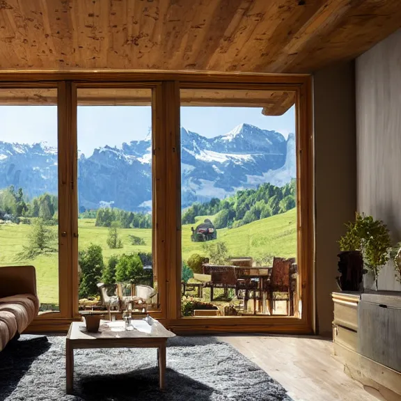 Image similar to fantastical living room with switzerland landscape in the window