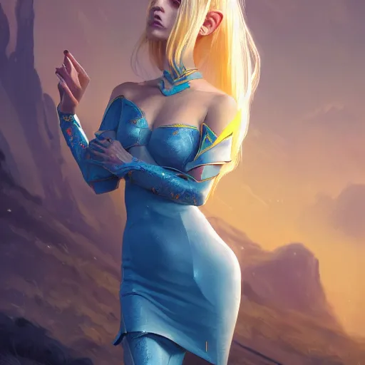 Prompt: a painting of an female elf wearing a skintight dress with blonde hair and blue eyes, an ultrafine hyperdetailed illustration by tooth wu and wlop and beeple and greg rutkowski, trending on artstation, highly detailed, 4 k, 8 k