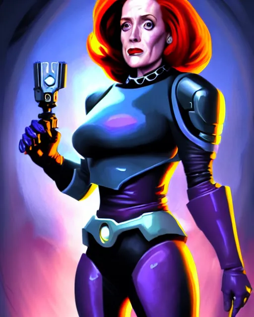 Prompt: dana scully as queen machine, cyborg supervillain, villainess, pulp femme fatale, comic cover painting, masterpiece artstation. 8 k, sharp high quality artwork in style of wayne reynolds and don bluth, concept art by jack kirby, blizzard warcraft artwork, hearthstone card game artwork