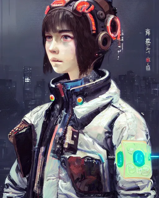 Image similar to detailed portrait neon guard girl with very short brown hair seen from the back, cyberpunk futuristic, reflective puffer jacket, black leggings, decorated with traditional japanese ornaments by ismail inceoglu dragan bibin hans thoma, perfect face, fine details, realistic shaded, fine - face, pretty face