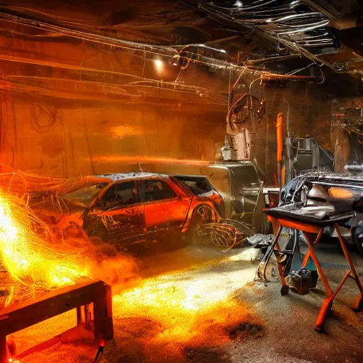 Image similar to overcharging toaster oven, tangles of metallic cables, dark messy smoke - filled cluttered workshop, dark, dramatic lighting, orange tint, sparks, plasma charges, cinematic, highly detailed, sci - fi, futuristic, movie still