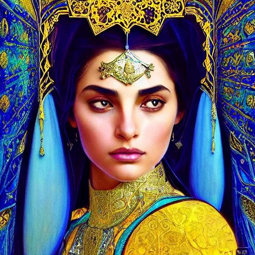 Image similar to Beautiful portrait of a Persian Princess who is an architect, beautiful princess, face painting, architecture, persian style architecture, dramatic lighting, intricate, wild, highly detailed, digital painting, artstation, concept art, smooth, sharp focus, illustration, gold+yellow+white+Turquoise, art by artgerm and greg rutkowski and alphonse mucha, footage from space camera