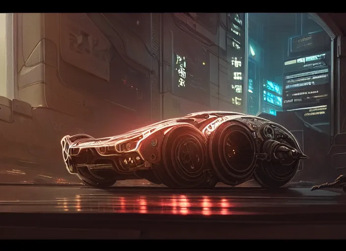 Image similar to detailed intricate digital illustration by greg rutkowski and artgerm and wlop and sanford robinson gifford ; cyberpunk futuristic vehicle, glowing headlights ; 1 3 mm film, wide angle arri alfa anamorphic lens ; sharp focus, soft evening lighting, trending on artstation 4 k