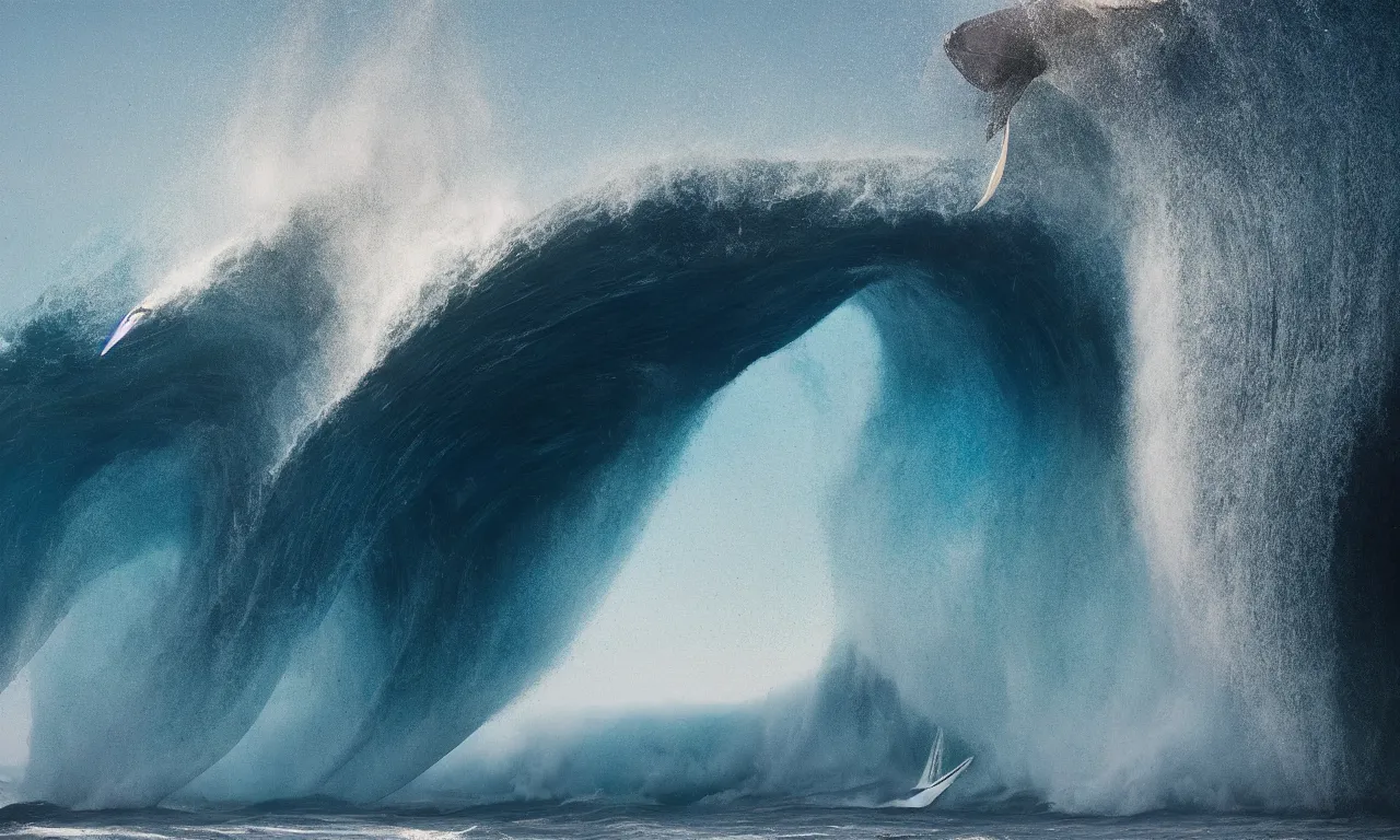 Prompt: giant mecha surfing a big wave over a whale, inside the tunnel, by Jessica Rossier, slow motion, refractions, summerpunk, nazare (portugal)