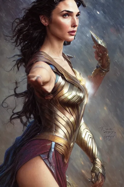 Prompt: Gal Gadot portrait, fantasy, powerful, elegant, intricate, beautiful lighting, by Stanley Artgerm Lau, greg rutkowski, thomas kindkade, alphonse mucha, loish, norman Rockwell