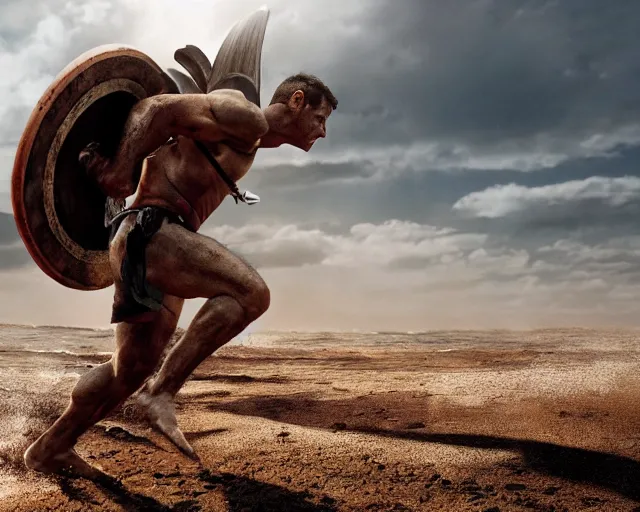 Image similar to single spartan running on australian beach, epic award winning action cinematic still from the movie 3 0 0, 8 k, global illumination, detailed face, muscles, rim highlights, hyper realistic