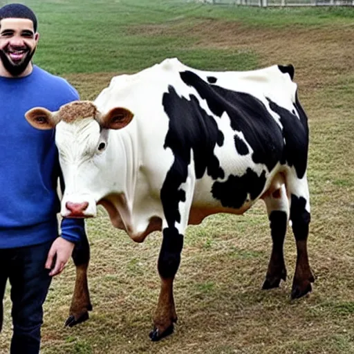 Image similar to a photo of drake, standing with a cow