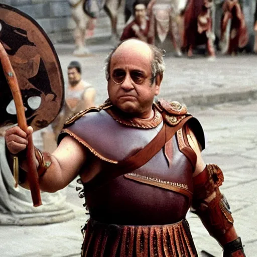 Image similar to danny devito as a roman praetorian in the streets of ancient rome, color film still