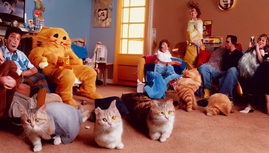 Prompt: 1990s candid 35mm photo of a beautiful day in the living room, cinematic lighting, cinematic look, golden hour, large costumed mascot people interacting with families, Enormous personified mascot people with outstandingly happy faces coming out of a portal and showing families how to teleport, cats playing video games in the background, UHD