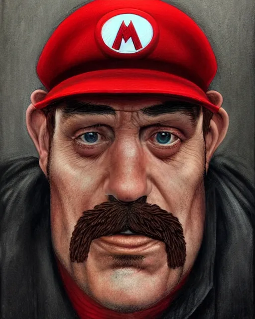 Prompt: portrait of real life super mario, red cap, gritty, dark, beautiful, very detailed, hyperrealistic, medium shot, very detailed painting by Glenn Fabry, by Joao Ruas