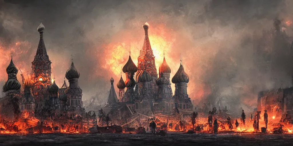 Prompt: A post-apocalyptic scene of fire and explosions on Red Square and the Kremlin, St Basil cathedral is destroyed, sci-fi concept art, nuclear mushroom, lots of fire, panic, dark, clouds, 8k, high detail, advanced rendering whimsically designed art, 4k post-processing highly detailed, Soft illumination