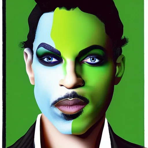 Image similar to a portrait of prince as two face. half his face is white with green hair. in the style of herbert bayer