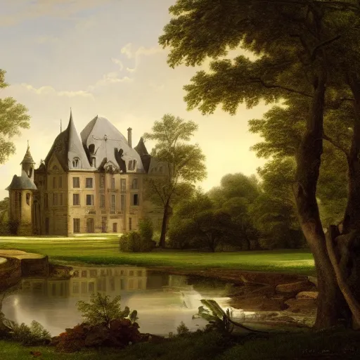 Image similar to a large serene beautiful matte painting of a delapitaded quaint french country castle in a state of disrepair, covered in vines, by asher brown durand and george ault featured on artstation