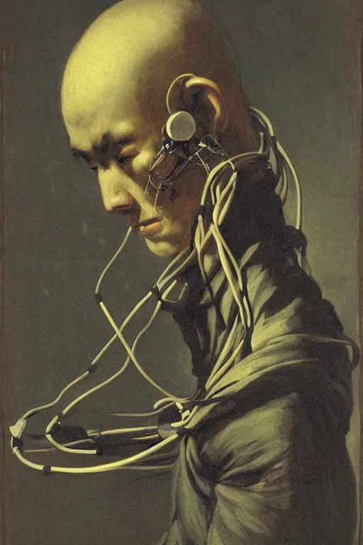 Prompt: a cyborg monk with cables and wires attached to his face by francisco goya